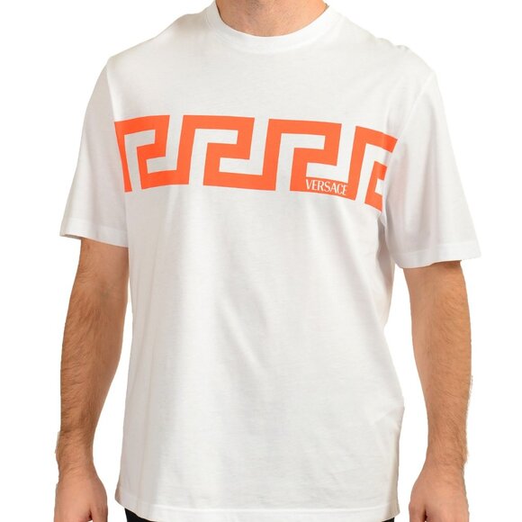 Versace Men's White Coral Greek Print Short Sleeve T-Shirt US M IT 50 - Picture 1 of 7